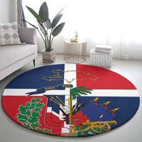 Round rug featuring Dominican Republic–Haiti flag map graphics with coat of arms