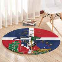 Round Dominican Republic–Haiti flag map rug with red blue white illustrated details