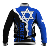 Blue and black varsity baseball jacket, striped ribbed trim, Star of David back graphic