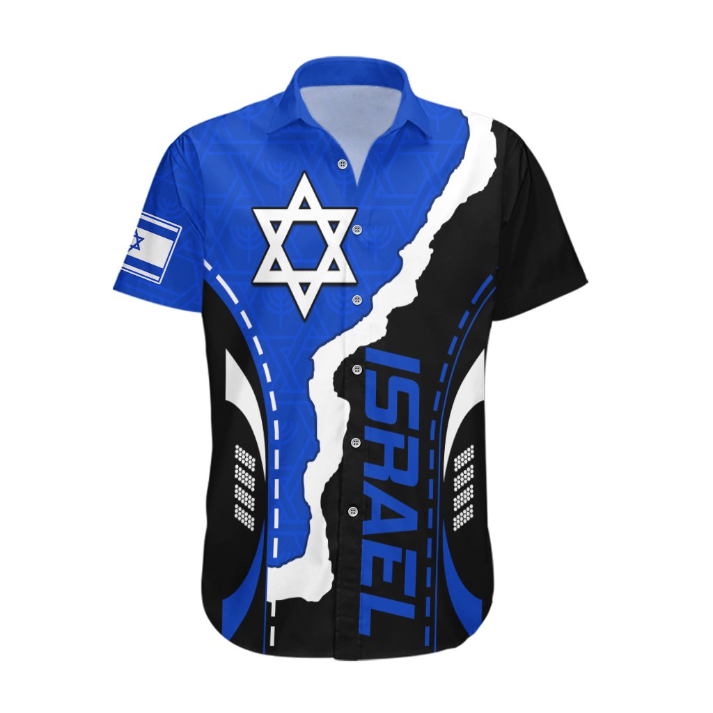 Blue and black button-up Hawaiian shirt with white Israel map, Star of David chest print