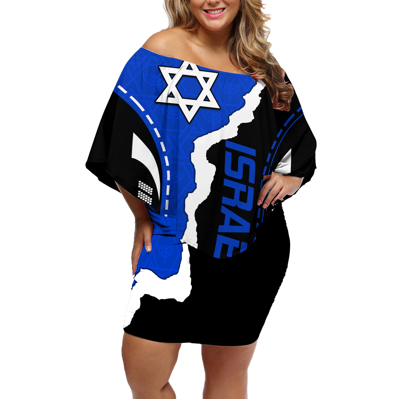 Israel Off Shoulder Short Dress Stars of David Sporty Style - Wonder Print Shop