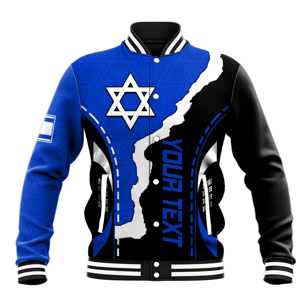 Blue and black varsity baseball jacket with striped collar, Star of David chest graphic