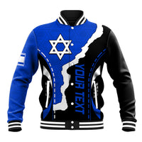 Blue and black varsity baseball jacket with striped collar, Star of David chest graphic