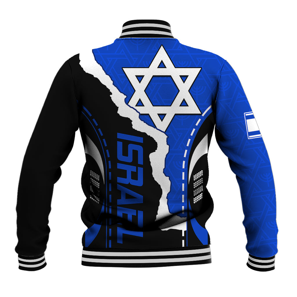 Blue and black baseball jacket with striped collar, ISRAEL back print, Star of David