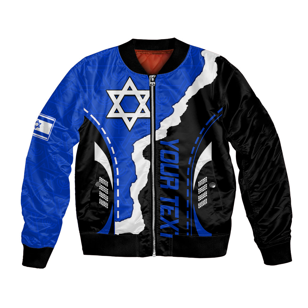 Blue and black bomber jacket with Star of David graphic and front zipper