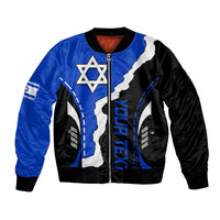 Blue and black bomber jacket with Star of David graphic and front zipper