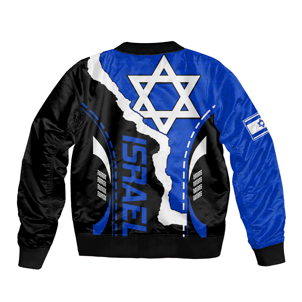 Blue and black bomber jacket with Star of David on back and ribbed cuffs