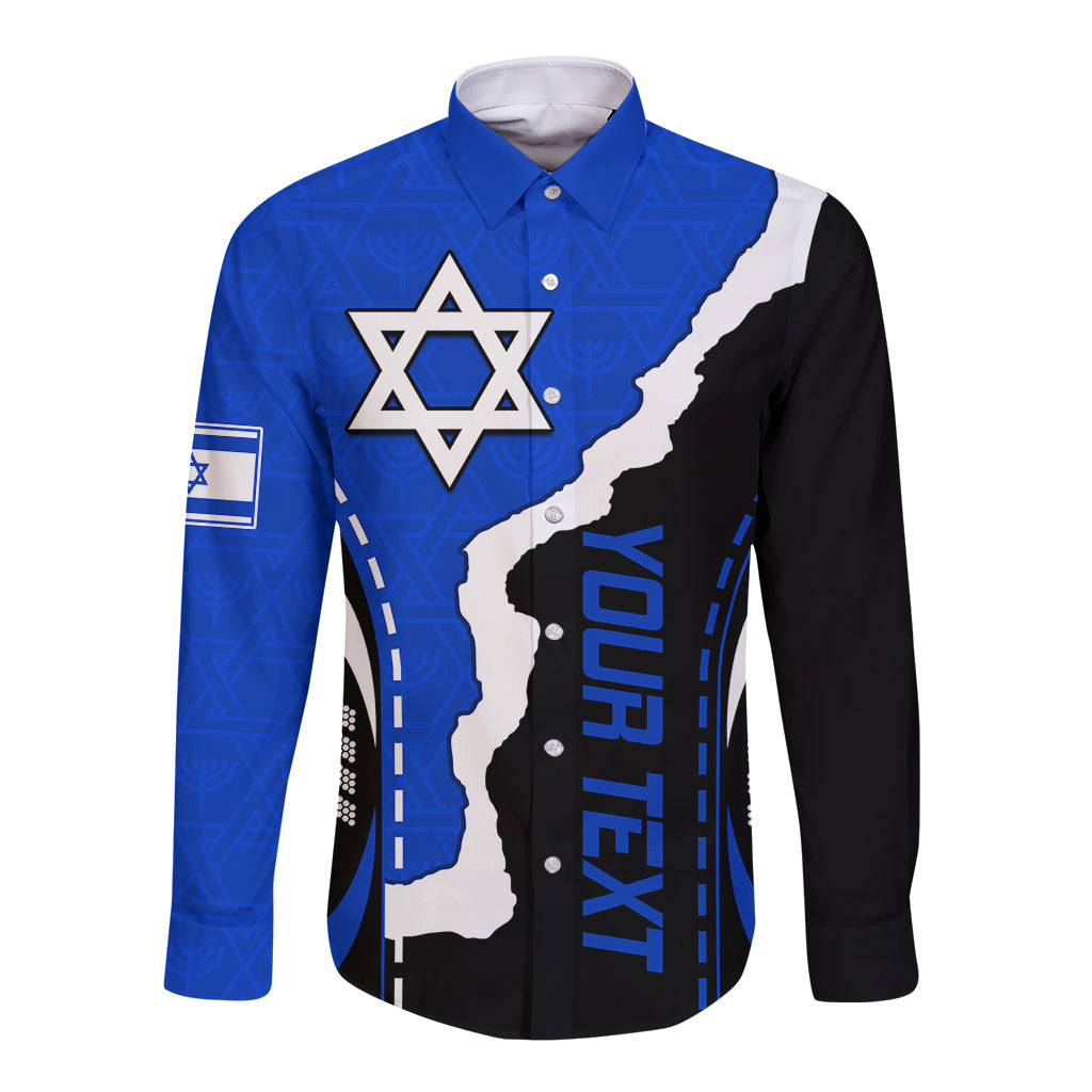 Blue long-sleeve button shirt with Star of David, Israel map, and sporty text