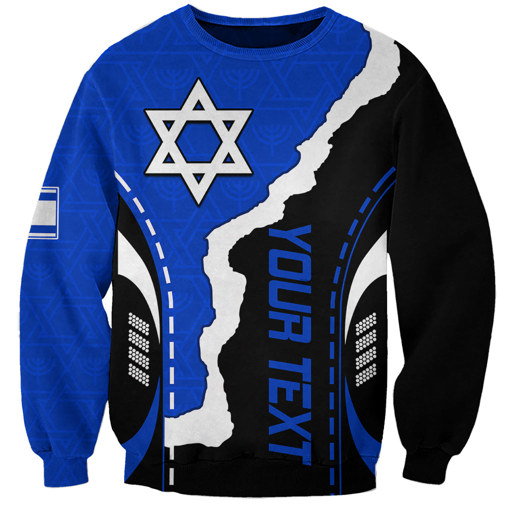 Unisex blue sweatshirt with Stars of David and Israel flag style graphic, crew neck