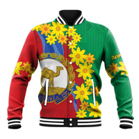 Green baseball jacket with yellow flower art, red accents, striped ribbed collar and cuffs