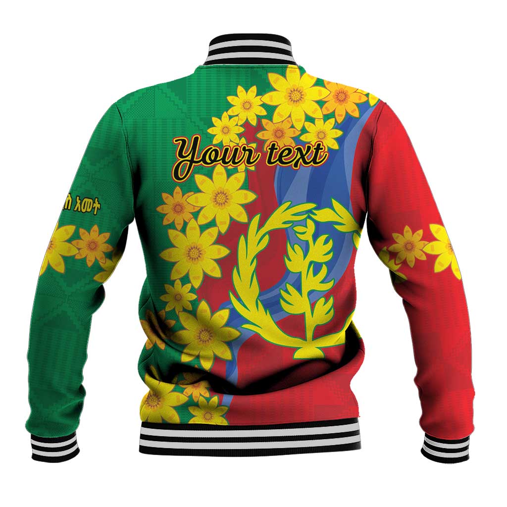 Green and red baseball jacket with back text 'Your text' and yellow flower graphic, striped trim