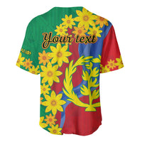 Green baseball jersey back with yellow floral print and 'Your text' design