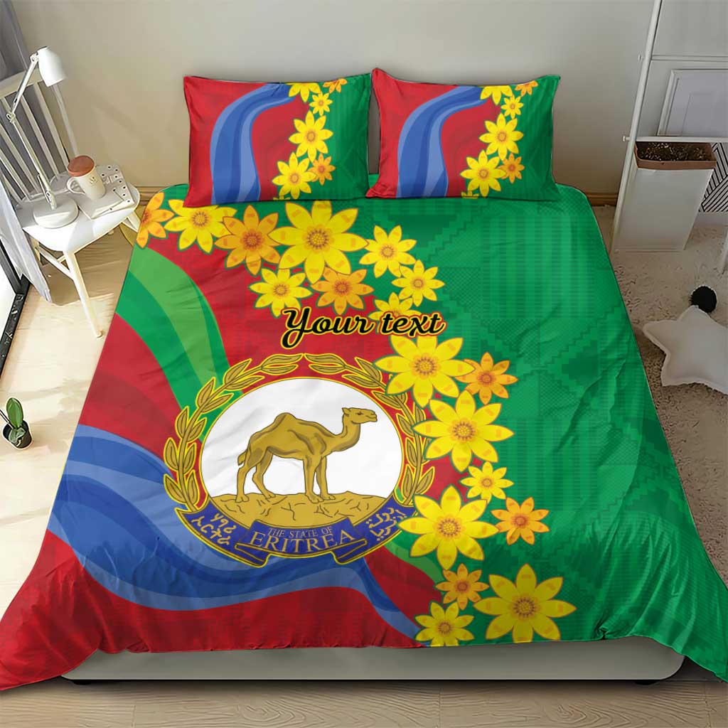 Green duvet with matching pillowcases, yellow flower design, and camel crest