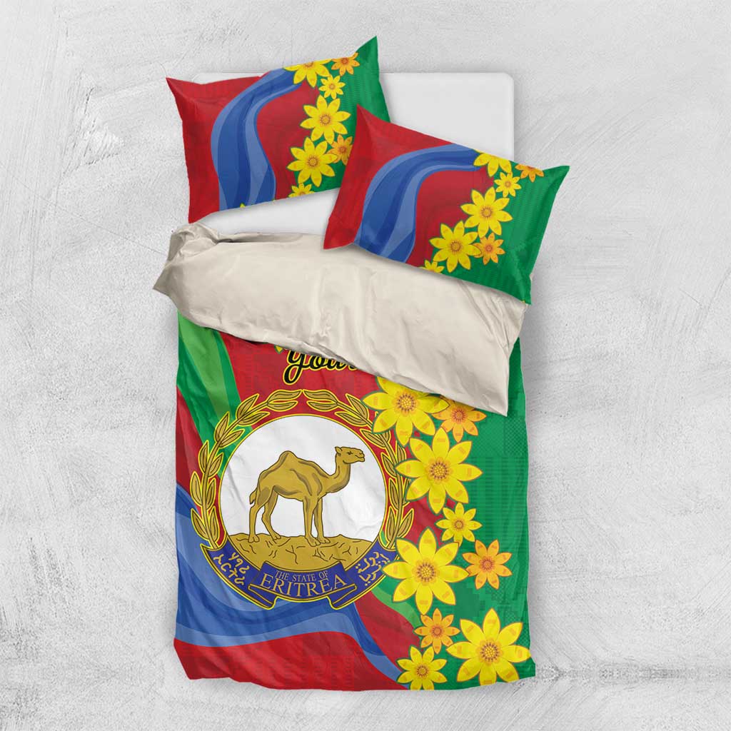Green bedding set with red and blue stripes, yellow flowers, and camel emblem