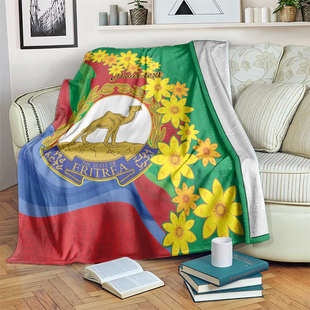 Personalized green blanket with Eritrea emblem, yellow flowers, red and blue stripes
