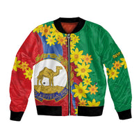 Unisex green-red bomber jacket with zipper, Eritrea crest and yellow flower art