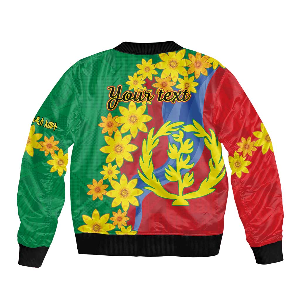 Unisex green-red bomber jacket with back floral print, bird motif, and text area
