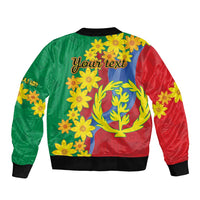 Unisex green-red bomber jacket with back floral print, bird motif, and text area