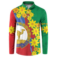 Green and red button sweatshirt with yellow flower pattern and large central emblem; long sleeves