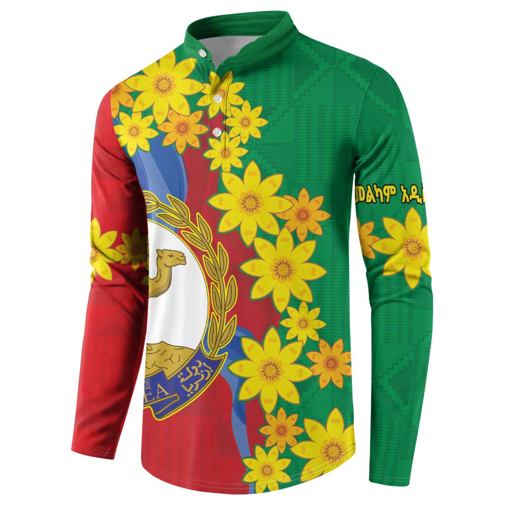 Green and red button sweatshirt with yellow flowers and central emblem featuring blue sky