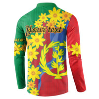 Green and red button sweatshirt, back shows yellow flowers around tree and waves