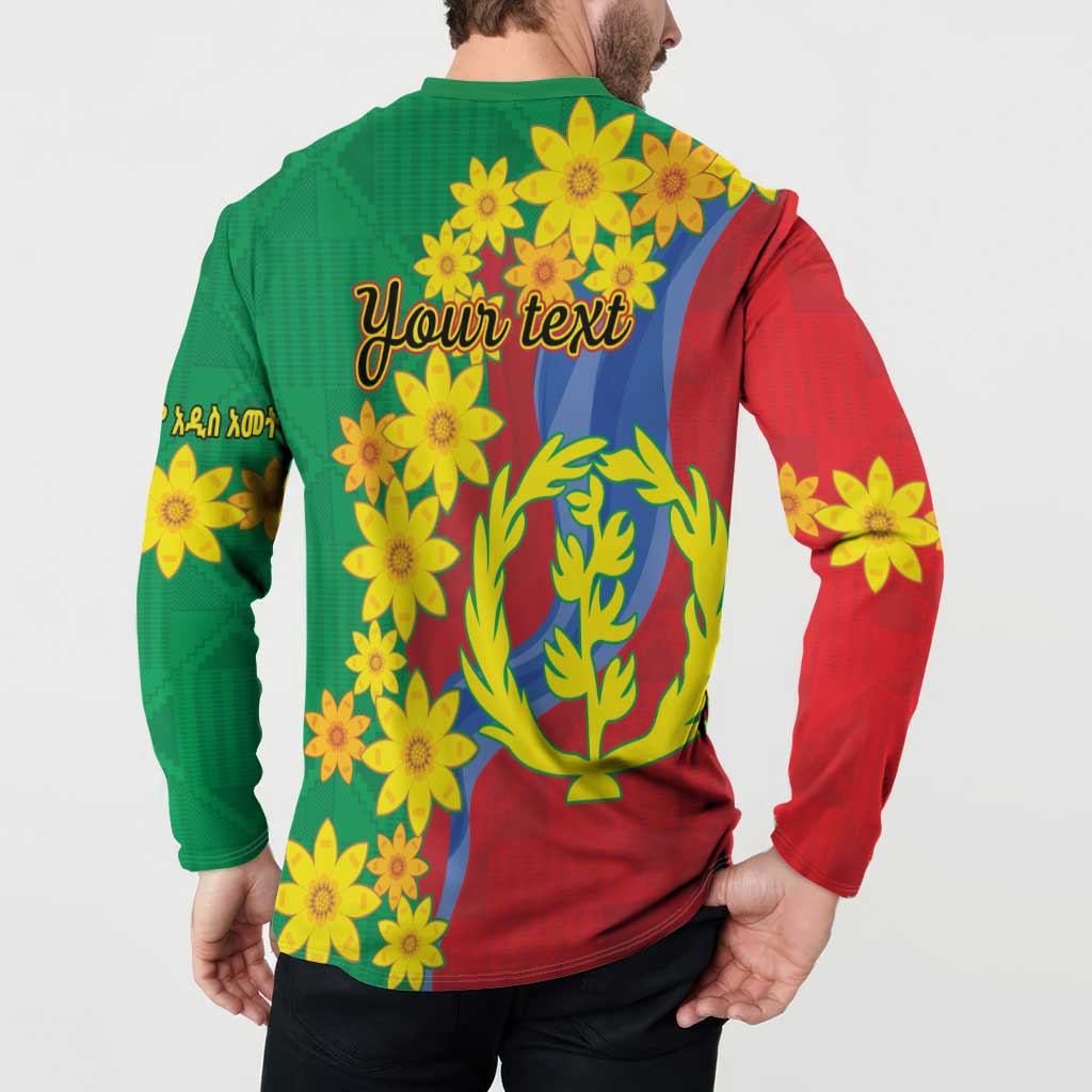 Green and red button sweatshirt with yellow flowers and central tree graphic on back