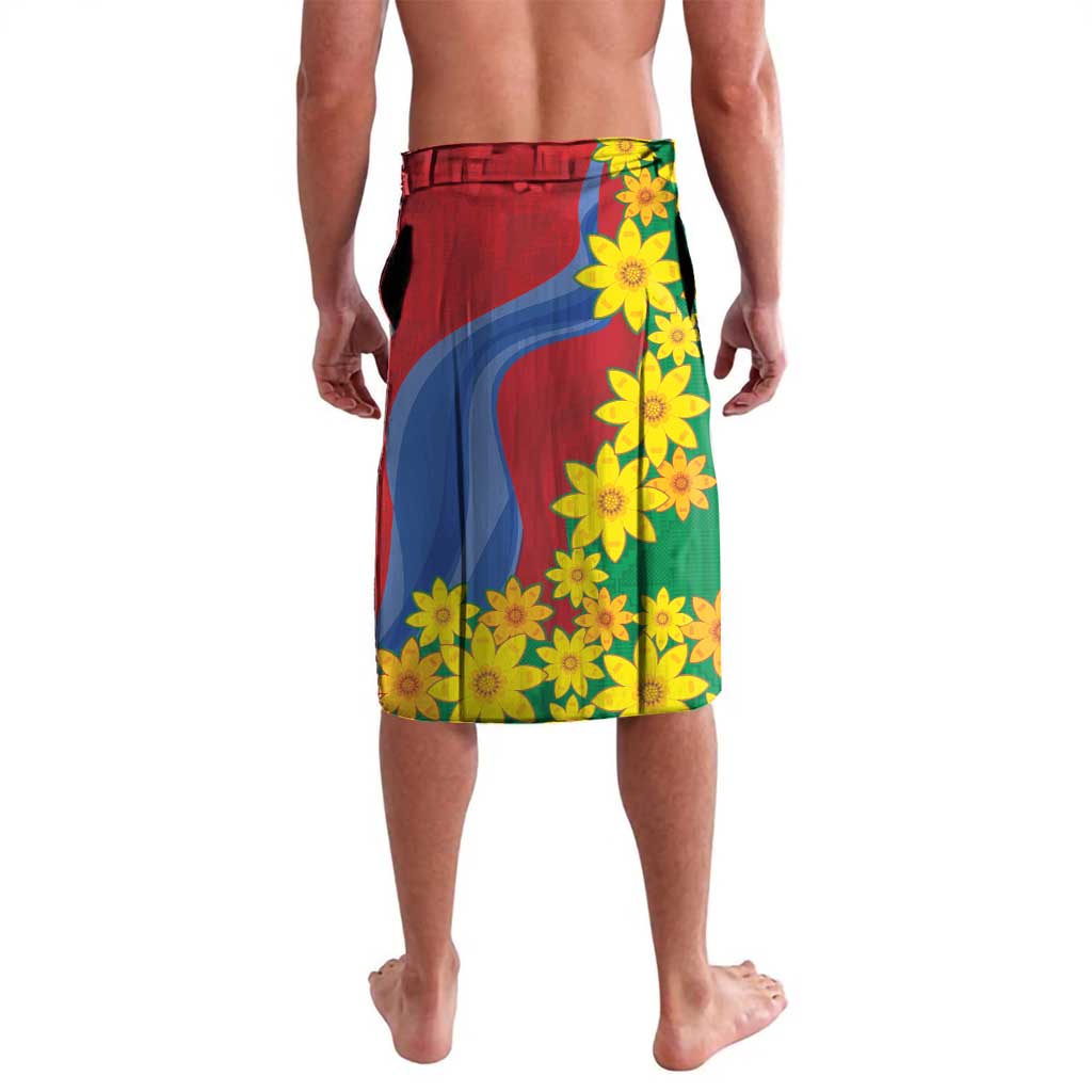 Men's knee-length shorts with back design in green, red, blue and yellow floral