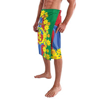 Men's knee-length shorts shown from the side: green, red, blue, yellow floral
