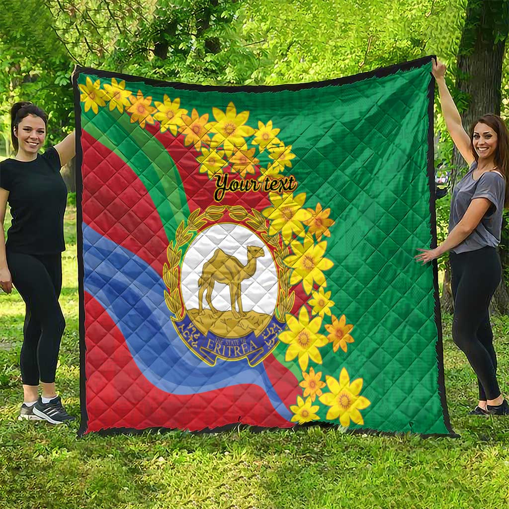 Green quilt draped outdoors with Eritrea stripes, yellow flowers, camel emblem, custom text.