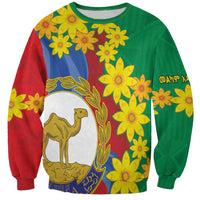 Unisex green sweatshirt with colorful Eritrean floral camel emblem artwork