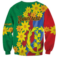 Unisex green sweatshirt with yellow flower pattern and handwritten 'Your text' on front