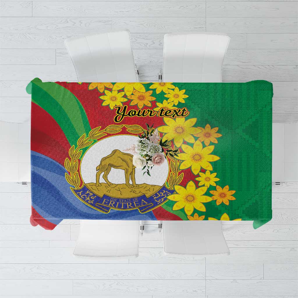 Green personalized tablecloth with Eritrea flag colors, lion emblem, and flowers