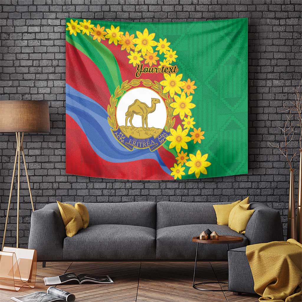 Square wall tapestry featuring Eritrea flag waves, camel emblem, yellow flowers, and 'Your text'