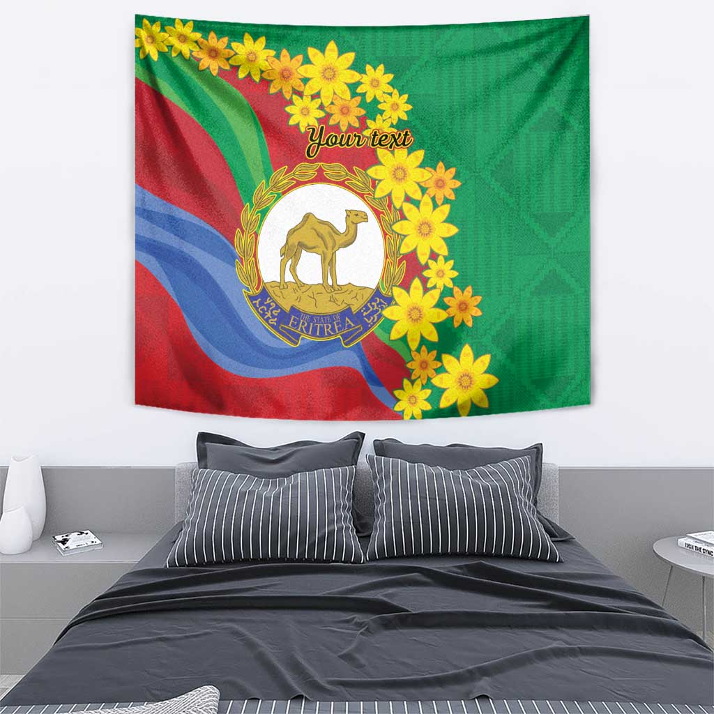 Bedroom wall tapestry with Eritrea flag waves, camel emblem, yellow flowers, and 'Your text'