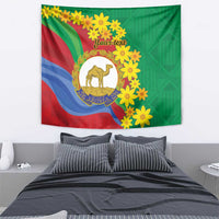 Bedroom wall tapestry with Eritrea flag waves, camel emblem, yellow flowers, and 'Your text'