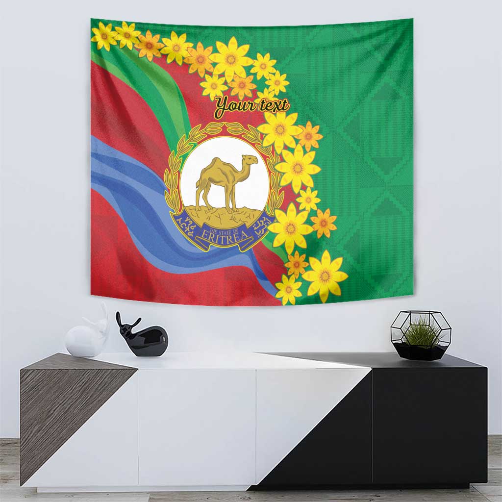 Wall-hanging Eritrea tapestry with camel crest, wavy flag stripes, yellow flowers, and 'Your text'