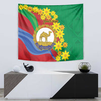 Wall-hanging Eritrea tapestry with camel crest, wavy flag stripes, yellow flowers, and 'Your text'