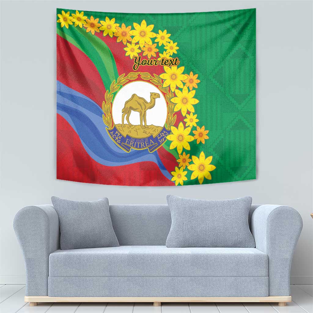 Green Eritrea tapestry with camel emblem, yellow flower border, and 'Your text'