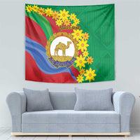 Green Eritrea tapestry with camel emblem, yellow flower border, and 'Your text'