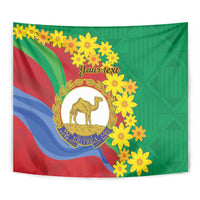 Personalized Eritrea tapestry close-up with camel emblem, yellow flowers, and 'Your text'