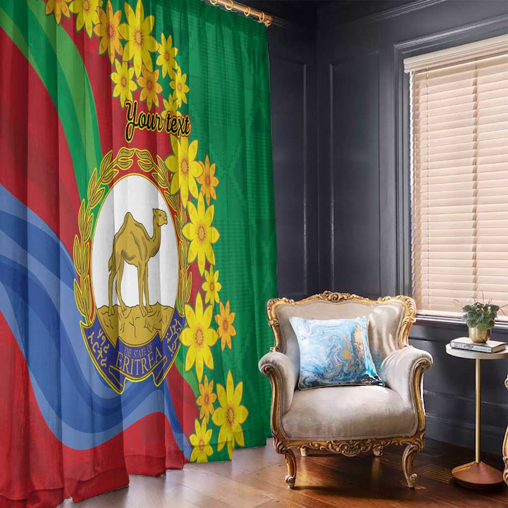 Window curtains: green and red-blue striped panel with yellow flowers and camel emblem