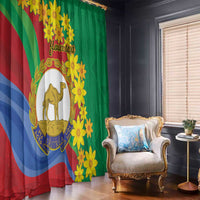 Window curtains: green and red-blue striped panel with yellow flowers and camel emblem
