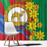 Close-up of green curtain with yellow flowers, camel emblem, and partial 'Your text'