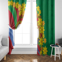 Green window curtain with yellow flower print and red-blue diagonal stripes near window