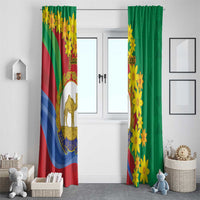 Pair of Eritrea-themed window curtains in green, red, blue with yellow flowers and camel