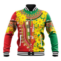 Unisex baseball jacket with vibrant floral dashiki print, snap front, striped ribbed collar