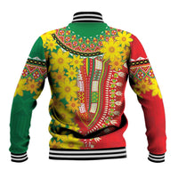 Unisex baseball jacket back view, colorful floral pattern, snap buttons, striped ribbing