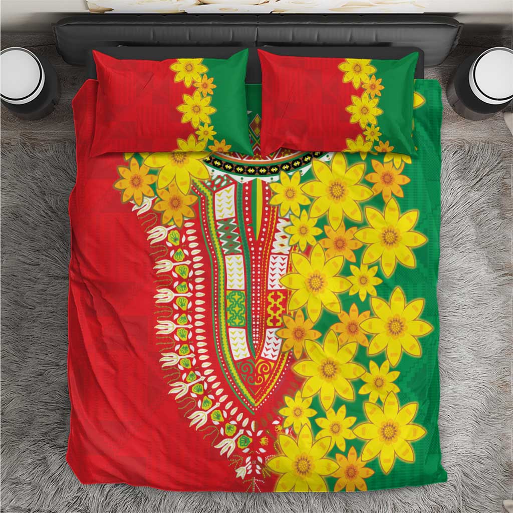 Red, green, and yellow bedding set with floral motifs and embroidered-style central band pattern.