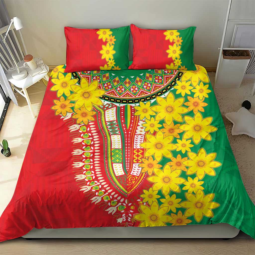 Green and red floral duvet with yellow flower prints and two matching pillowcases.
