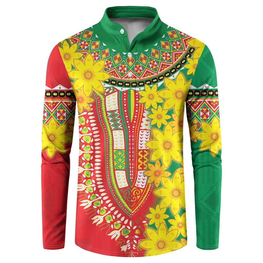 Green-collared button sweatshirt with bold red-yellow floral ornament print